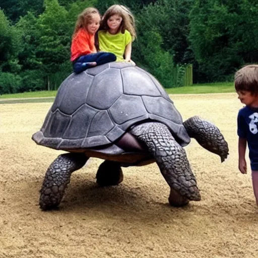 Prompt: giant turtles being used as horses for little humans