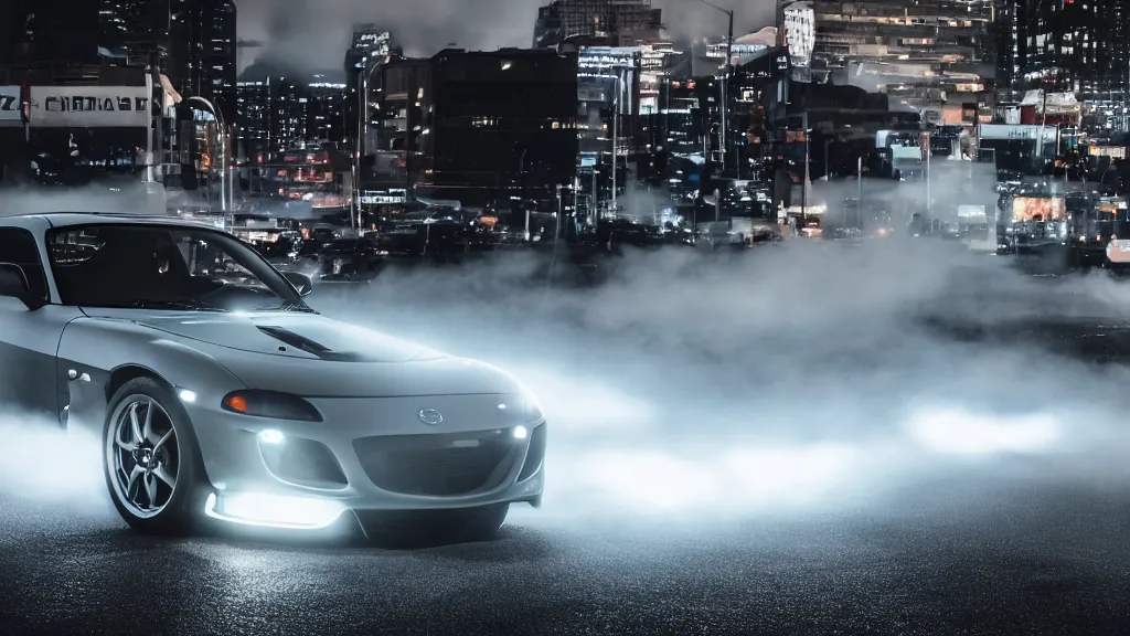 Prompt: a mazda rx - 7 with pop up headlights, cinematic, long exposure, white balance, 8 k, led, lumen global illumination, fog, ray tracing reflections
