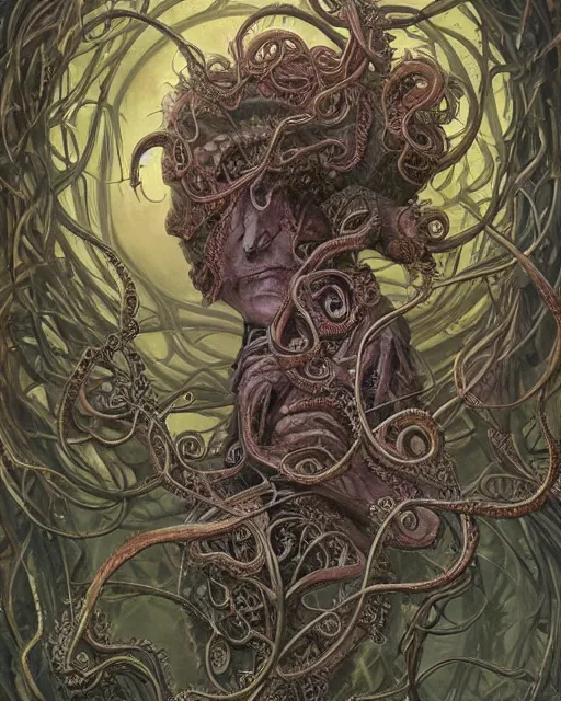 Prompt: centered beautiful detailed side view profile portrait of a dead, crazed, mad old woman, ornate tentacles growing around, ornamentation, thorns, vines, tentacles, elegant, beautifully soft lit, full frame, by wayne barlowe, peter mohrbacher, kelly mckernan, h r giger