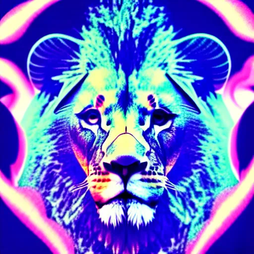 Image similar to portrait of a lion wearing a futuristic helmet, synth - wave,