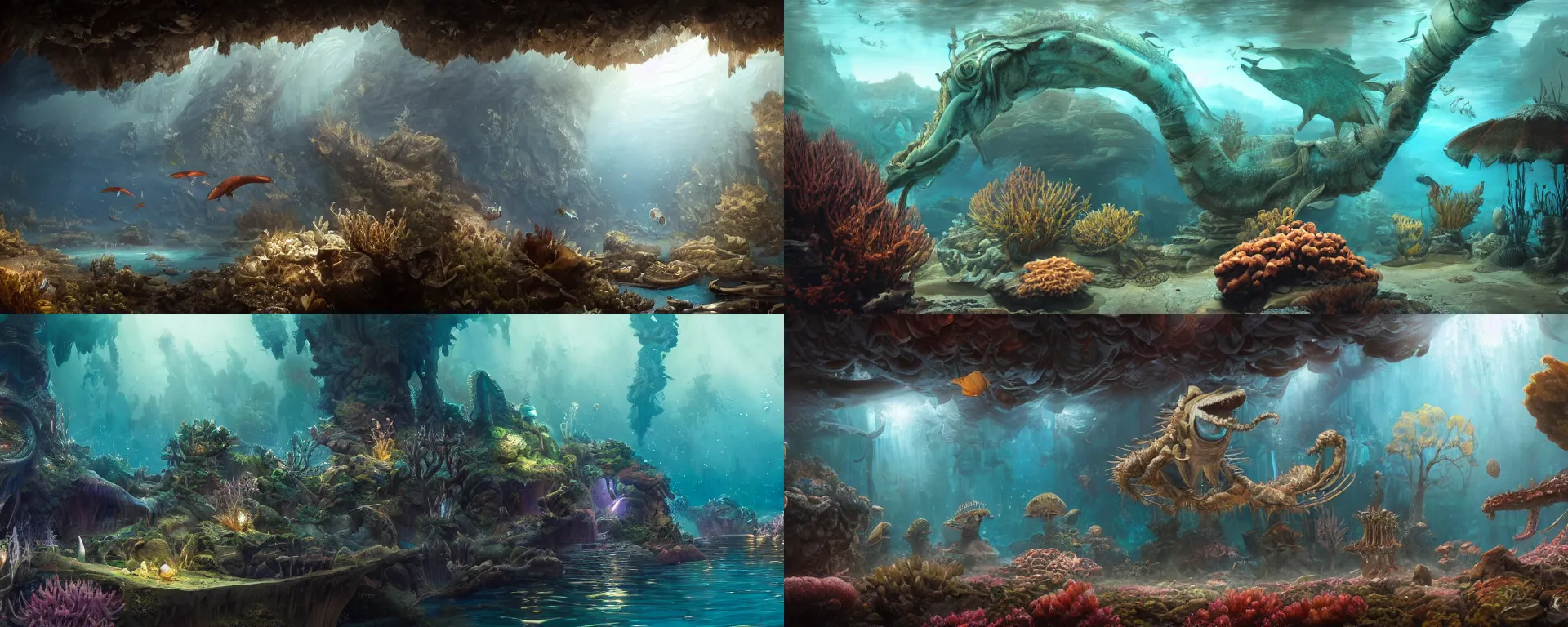 Prompt: a beautiful detailed matte painting of underwater creature museum landscape by aertsen pieter, by alejandro burdisio, by greg tocchini, by james gilleard, renaissance, dynamic lighting, bioluminescence, cinematic, vibrant, clean, ultra detailed, sharp, digital detailed environment, octane render, cgsociety, 8 k hdr, artstation