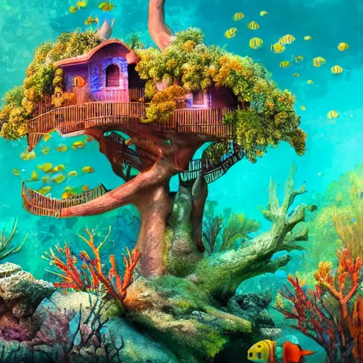 Prompt: fabulous treehouse mansion made of coral in underwater reef landscape with sunshine rays coming from above and fish swimming in the ocean, detailed magical realism painting 4 k,