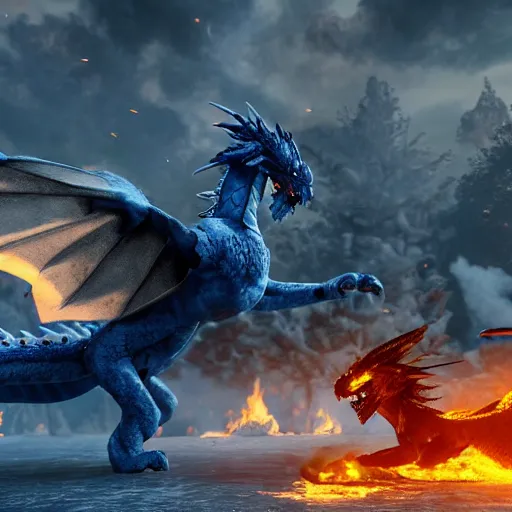Image similar to ice Phoenix fighting against fire dragon, 8k, Unreal engine, realistic