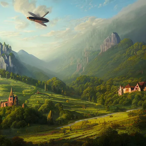 Image similar to Vast verdant valley surrounded by Transylvanian mountains, with a large zeppelin hovering in the foreground, and a ruined medieval castle on the hillside in the background. No villages. Late evening light in the summer, gloomy weather. Hyperrealistic, high quality, sharp, highly detailed, peter mohrbacher, ansel adams.