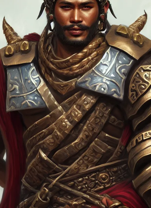 Image similar to smart tai warlord, closeup portrait, historical hero, ethnic group, sukhothai costume, bronze headset, intricate, with leather armor cross on bare chest, tai body tattoo, elegant, loin cloth, highly detailed, oil painting, artstation, concept art, matte, sharp focus, illustration, hearthstone, art by earl norem