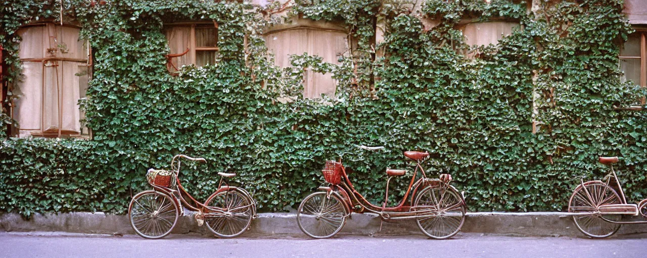 Image similar to growing!!!!! spaghetti!!!!! over ivy on a parisian side street, 1 9 5 0 s, canon 5 0 mm, bicycle, kodachrome, in the style of wes anderson, retro