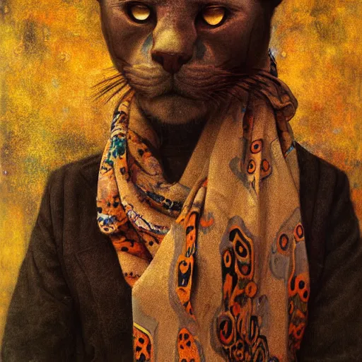 Prompt: a portrait of a male panther with human eyes wearing a scarf, titian, sam spratt, maxfield parrish, gustav klimt, tom bagshaw, mark ryden, alphonse mucha, rembrandt, high quality, painting, oil