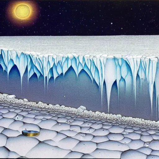 Prompt: codex seraphinianus of the flat earth model surrounded by a ice wall and firmament