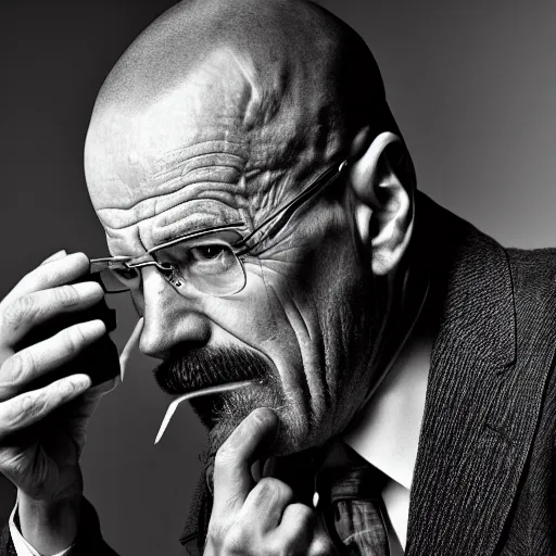 Image similar to walter white eating bacon, photography,