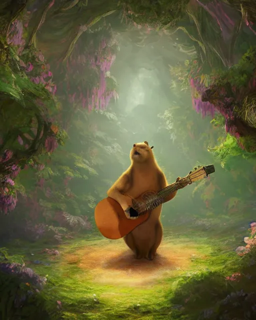 Image similar to Capybara playing Guitar in magical forest, portrait, flowers, flower dress, magic the gathering artwork, D&D, fantasy, cinematic lighting, centered, symmetrical, highly detailed, digital painting, artstation, concept art, smooth, sharp focus, illustration, volumetric lighting, epic Composition, 8k, art by Akihiko Yoshida and Greg Rutkowski and Craig Mullins, oil painting, cgsociety