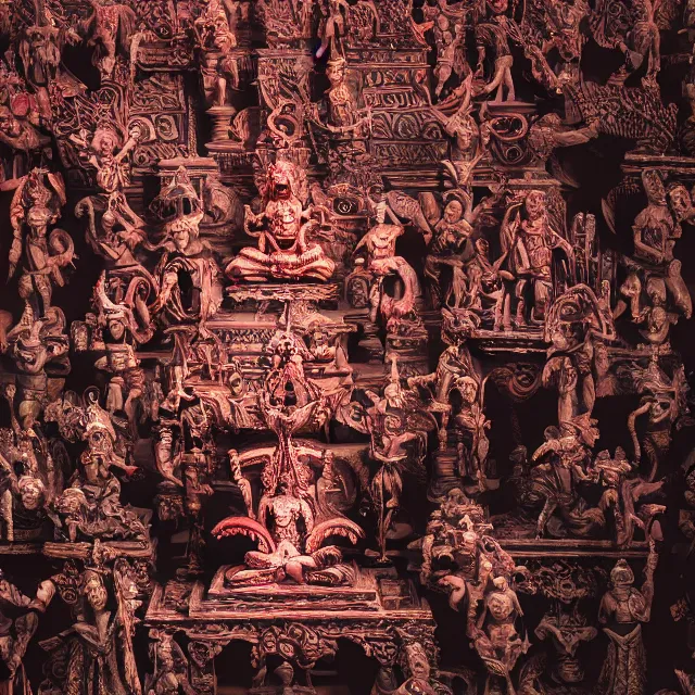 Image similar to blood temple, hindu ornaments, baphomet statue at the center surrounded by angel statues, film still, 4 k, symmetry, award - winning photography, 1 2 0 mm