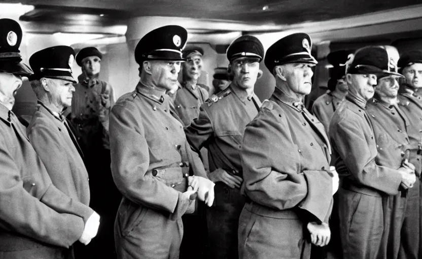 Prompt: 50s movie still of very diverse one general, one officers, one marshal, with very detailed faces in a stalinist style hall, by Alexei Guerman, Cinestill 800t 35mm black and white, heavy grainy picture, very detailed, high quality, 4k, HD criterion, precise texture, diverse faces, diverse haircuts, diverse ages, each faces precisely define