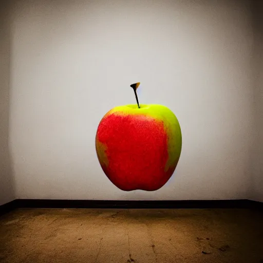 Prompt: a giant rancid apple floating in an abandoned room