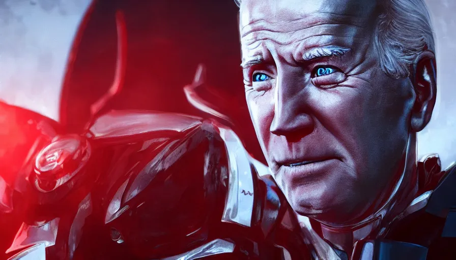 Image similar to unmasked joe biden in white metal armor with red lights in it, white background, hyperdetailed, artstation, cgsociety, 8 k