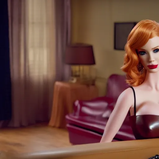 Image similar to amazing beautiful Christina Hendricks barbie doll wearing leather in the living room, film still from the movie directed by Denis Villeneuve , wide lens