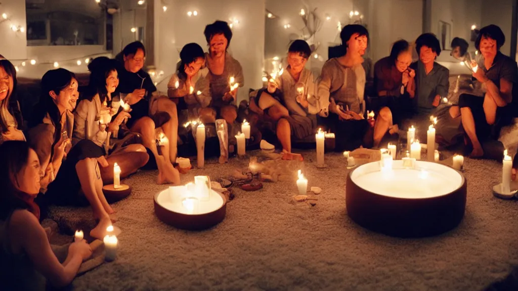 Prompt: people at a cozy party at midnight, modern indoors, bay area, candles, hot tub, by studio ghibli