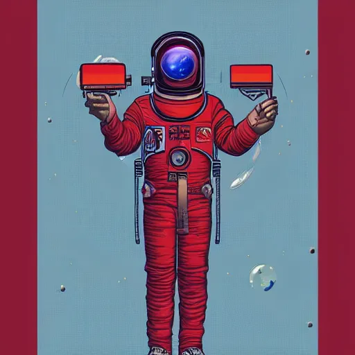 Image similar to retro space explorer portraits. red astronaut suit. josan gonzalez