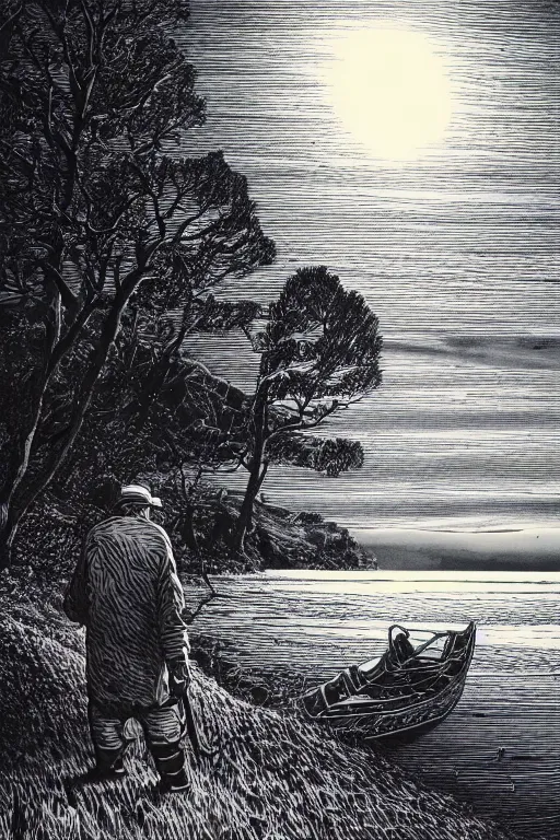 Prompt: a beautiful wood engraving on paper of an old fisherman by artist sue scullard, 8 k, frostbite 3 engine, cryengine, dof, trending on artstation, digital art, crepuscular ray