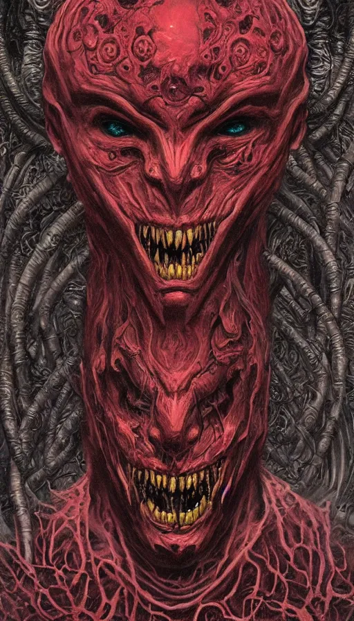 Prompt: Doom themed painting of horrifying crimson king horned symmetrical maniacal grin fallen angel face mask pattern concept, infinity glyph, intricate artwork by, Johnatan Wayshak, Zdizslaw Beksinski, Ayami Kojima, Amano, Karol Bak, Greg Hildebrandt, and Mark Brooks, Neo-Gothic, gothic, rich deep colors, art by Takato Yamamoto, masterpiece, face by Artgerm, H.R. Giger, very coherent artwork, cinematic, hyper realism, high detail, octane render, unreal engine, 8k, High contrast, golden ratio, trending on cgsociety, ultra high quality model, production quality cinema model