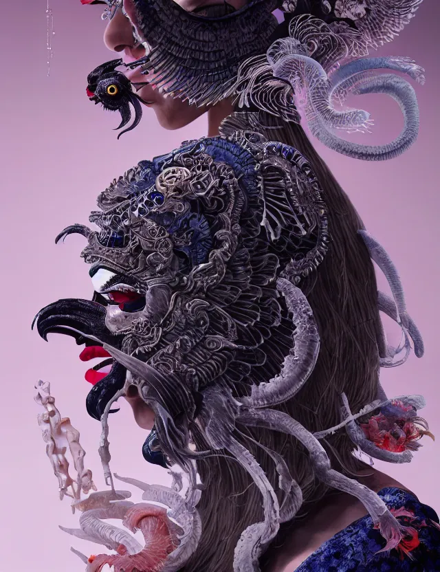 Image similar to 3 d goddess of death close - up profile portrait with ram skull. beautiful intricately detailed japanese crow kitsune mask and clasical japanese kimono. betta fish, jellyfish phoenix, bio luminescent, plasma, ice, water, wind, creature, artwork by tooth wu and wlop and beeple and greg rutkowski