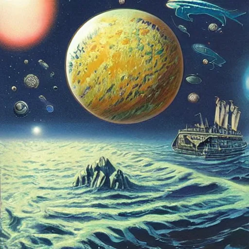 Prompt: vintage poster of a savage wild alien planet, sea, highly detailed, oil painting, - h 7 6 8