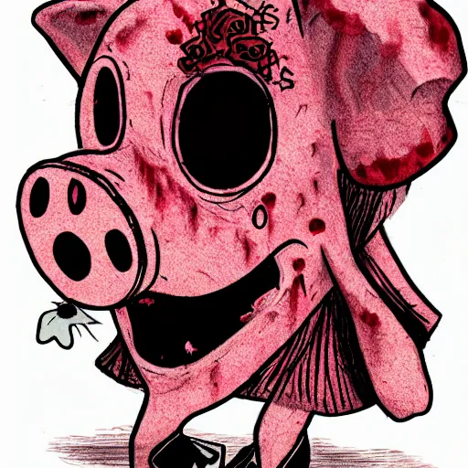 Prompt: grunge drawing of a pink cartoon pig with blood coming out of huge eyes while holding a bloody knife by mrrevenge, corpse bride style, horror themed, detailed, elegant, intricate