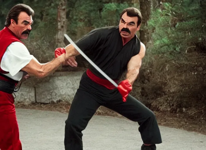 Prompt: film still of Tom Selleck and Charles Barkley fighting Ninjas in the new Bloodsport movie, 8k