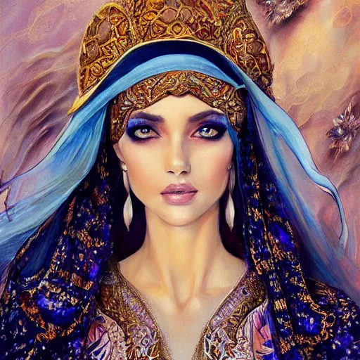 Image similar to a beautiful arabian woman wearing a wedding dress kaftan by karol bak, ayami kojima, artgerm, arabian beauty, blue eyes, smile, concept art, fantasy