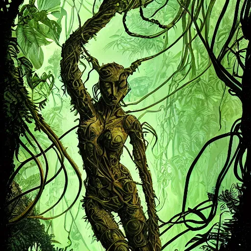 Image similar to full body portrait EXTREMELY DETAILED TWISTED DENSE vegetation stunning jungle beautifully-rendered verdant green ENT NYMPH twisting winding knotted tangled vines and trees by moebius human form by James Jean, by Mike Mignola comic graphic novel style action illustration COMPLICATED INTRICATE BUSY, gritty textured, trending on artstation