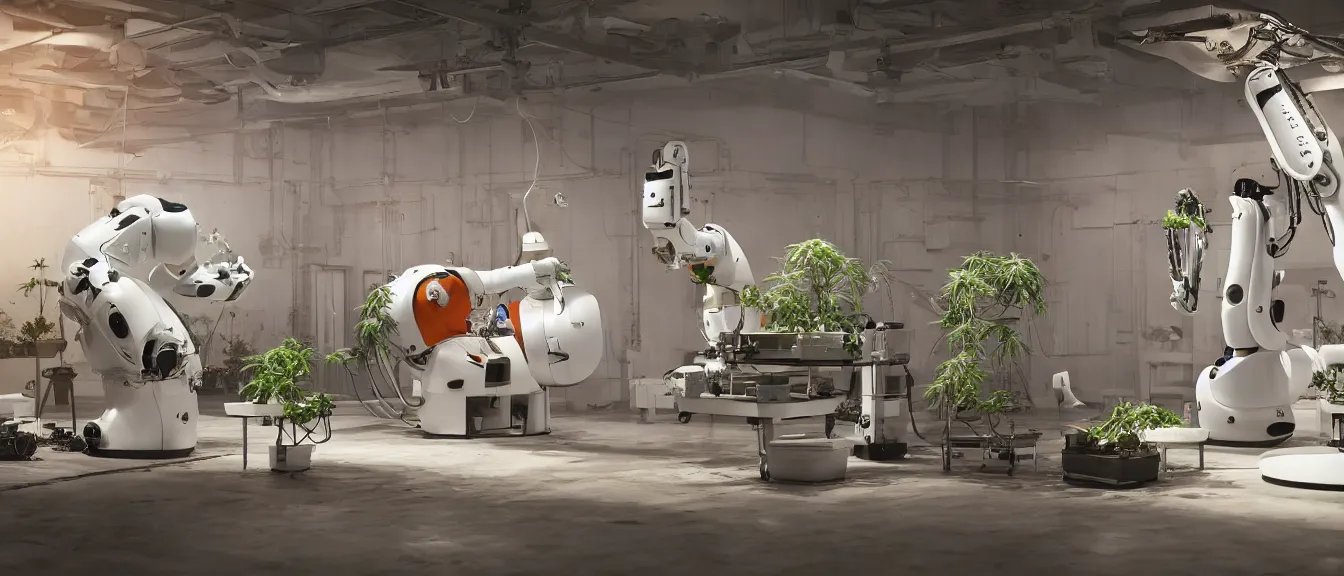 Image similar to three large white glossy kuka industrial robot harvesting a cannabis micro growery inside a fancy living room with retro modern furniture and decor, global illumination, artstation, fantasy, volumetric light