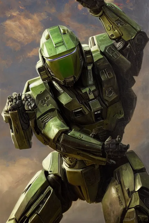 Image similar to praying mantis playing as master chief, oil on canvas, intricate, portrait, 8 k highly professionally detailed, hdr, cgsociety