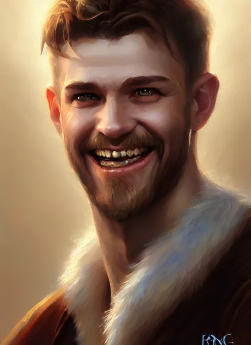 Image similar to a _ fantasy _ style _ portrait _ painting _ of white male short fringe light brown hair short face grinning, rpg dnd oil _ painting _ unreal _ 5 _ daz. _ rpg _ portrait _ extremely _ detailed _ artgerm _ greg _ rutkowski _ greg