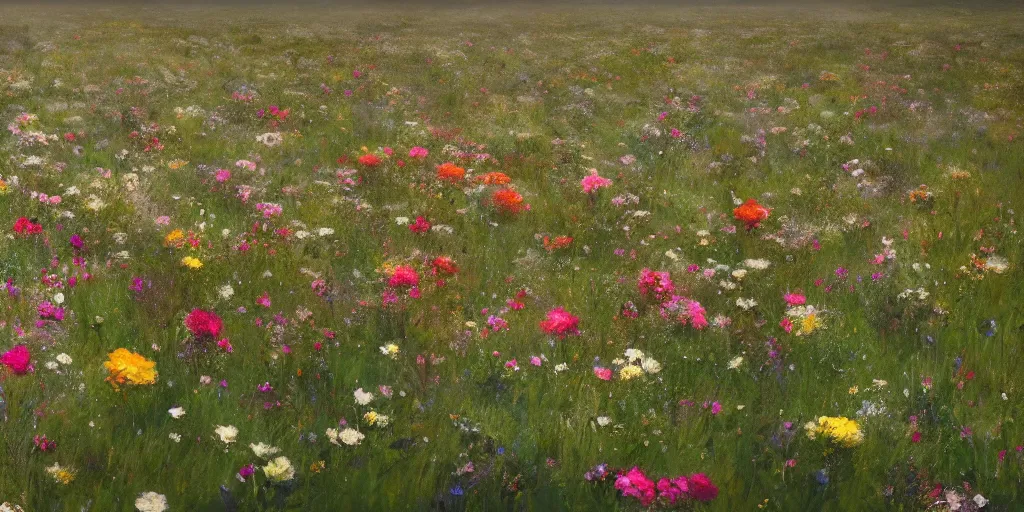 Prompt: an aesthetic field of flowers, greg rutkowski, zabrocki, karlkka, jayison devadas, trending on artstation, 8 k, ultra wide angle, zenith view, pincushion lens effect