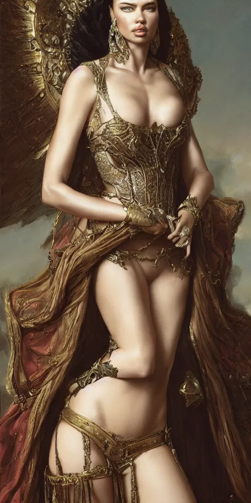 Image similar to the portrait of adriana lima as queen in intricate dress by roberto ferri, fantasy, witcher, very detailed oil painting, masterpiece, 8 k