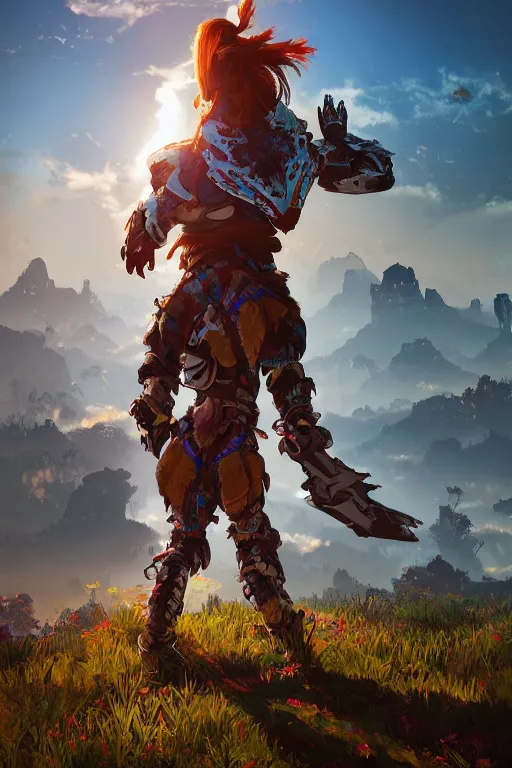 Image similar to combination suit armor aloy horizon forbidden west horizon zero dawn radiating a glowing aura global illumination ray tracing hdr fanart arstation by ian pesty and alena aenami artworks in 4 k tribal robot ninja mask helmet backpack