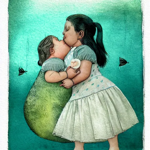 Image similar to the same style. the most beautiful little fat sweet girl is kissing a huge colorful cute fish. modern etching. colored print. hype realistic scene. old photography style. studio lighting. window. 3 d, octane render, deep focus, fashion style, white scene. very funny and sweet art. unreal engine. watercolor. fellini style. poster quality