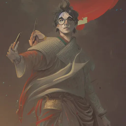 Image similar to harry potter as an samurai, backround dark, highly detailed, digital illustration, trending in artstation, modern painting, smooth, sharp focus, intricate, by peter mohrbacher