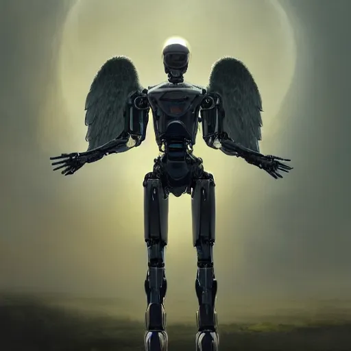 Image similar to UHD candid photo of a robot with angel wings, UHD, photorealistic, real angel wings, correct robot face, photo by Annie Leibowitz, UHD tonalism cosmic painting by Caparo and Ferdinand Knab and Greg Rutkowski, UHD, photorealistic, trending on artstation, trending on deviantart