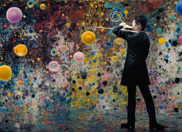 Prompt: portrait of a young violinist focusing, violin flying, painted by vincent lefevre and hernan bas and pat steir and hilma af klint, psychological, symmetrical face, dripping paint, washy brush, background with hundreds of bubbles of memories by andreas gursky, rendered in octane, altermodern, masterpiece