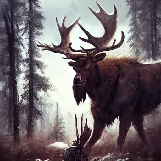 Image similar to hairy barbarian with moose head by greg rutkowski