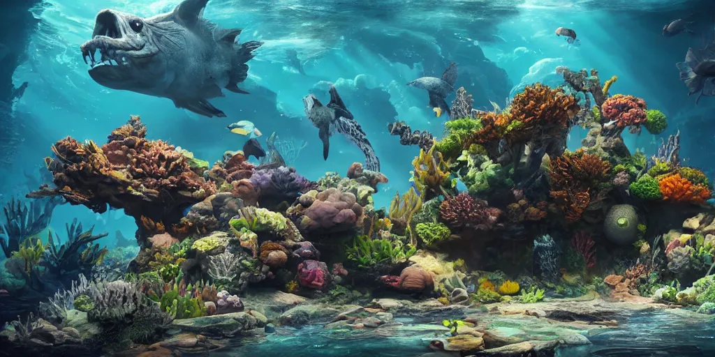 Image similar to underwater enviroment with Lophiiformes creatures, unreal 5, hyperrealistic, realistic, photorealistic, dynamic lighting, highly detailed, cinematic landscape, studio landscape, studio lighting