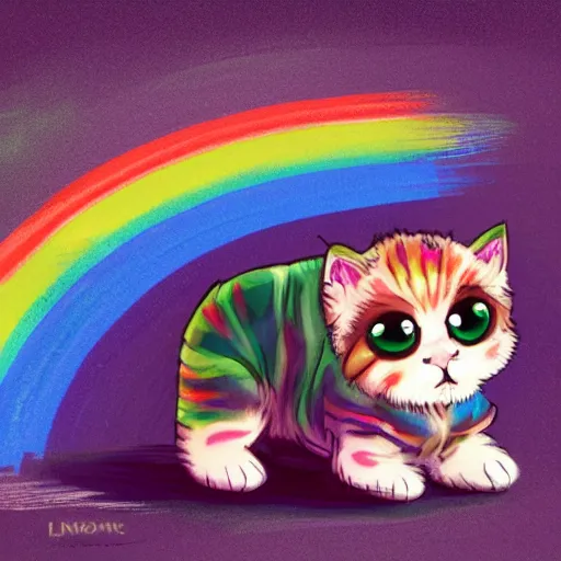 Image similar to wide angle full body, of a fluffy cute rainbow kitten wearing a black motorcycle jacket, concept art