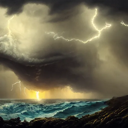 Image similar to A beautiful hyper realistic detailed matte painting of single lonely island with a palm tree in a raging sea storm, Kraken emerging from water, dramatic lighting, dynamic lighting, cinematic lighting, stormy dusk lighting, John Howe, Andreas Rocha, unreal engine, featured on artstation, ultrawide angle, aerial view, f16, polarizer filter, Ominous storm clouds, lightning