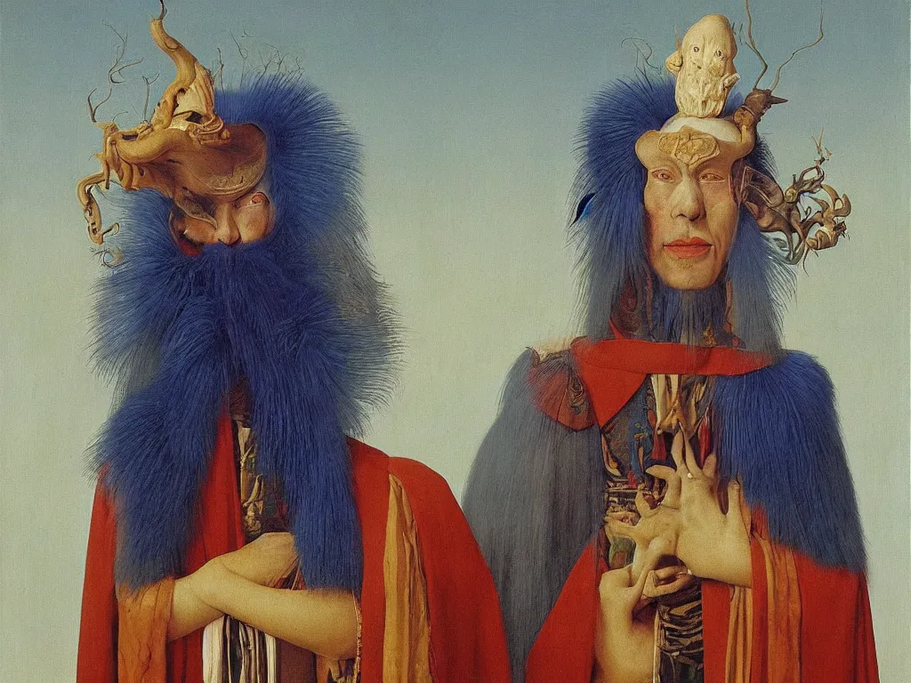 Image similar to portrait of albino mystic with blue eyes, with beautiful exotic, archaic, prehistoric, Burmese mask. Painting by Jan van Eyck, Audubon, Rene Magritte, Agnes Pelton, Max Ernst, Walton Ford