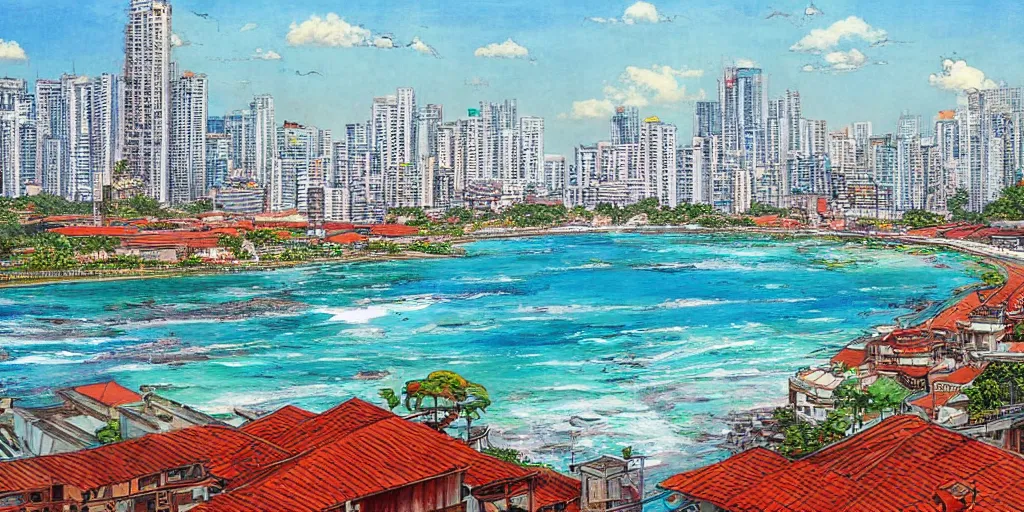 Prompt: colombo sri lanka cityscape, ocean, art by Hayao Miyazaki