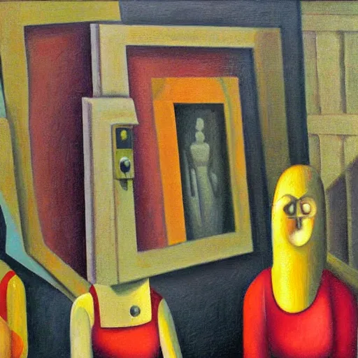 Prompt: cat robots, grant wood, pj crook, edward hopper, oil on canvas