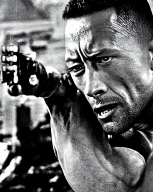 Prompt: Film still close-up shot of Dwayne Johnson in the movie Terminator 2. Photographic, photography