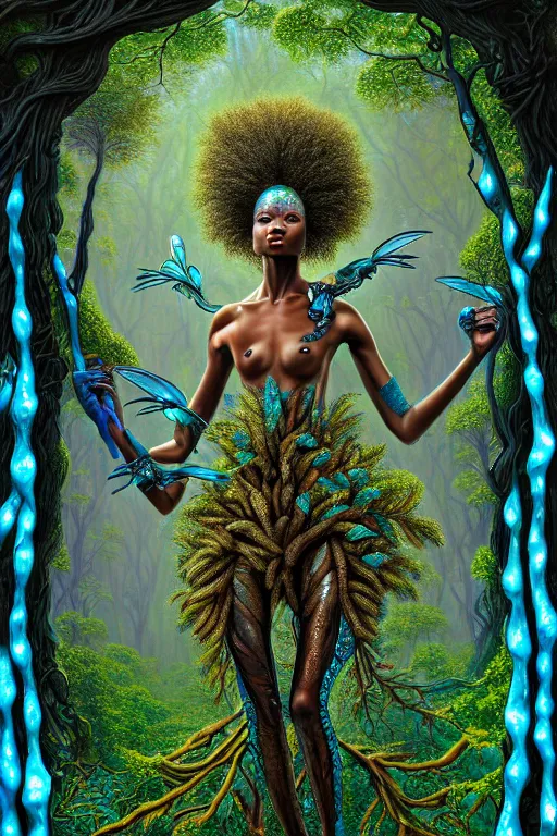 Image similar to hyperrealistic post - rococo super beautiful! black woman with exoskeleton armor, merging with tree in a forest, highly detailed digital art masterpiece smooth cam de leon hannah yata dramatic pearlescent blue teal light ground angle hd 8 k sharp focus