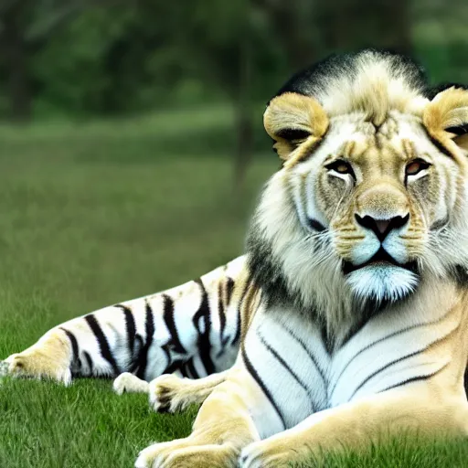 Prompt: a bright white hybrid of a lion and a tiger