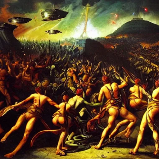 Image similar to alien invasion, fall of rome, epic painting